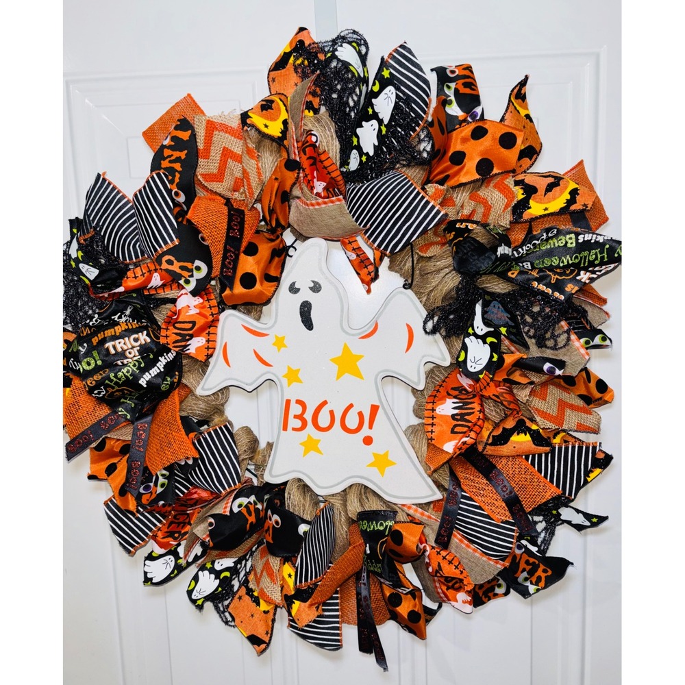 Handmade Halloween Ghost Wreath Burlap Base Door Decor 21 Inch